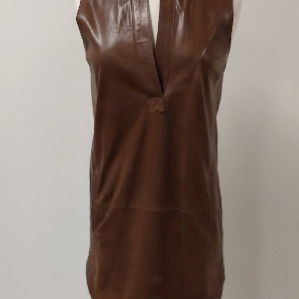 Vince. Brown Leather Sleeveless Short Dress w/pockets Size: 2 - Picture 3 of 10